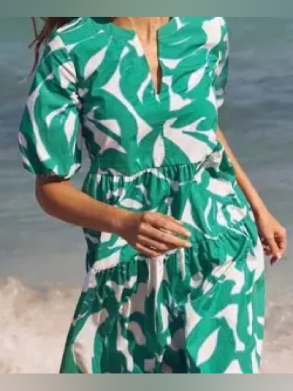 NEW Chico’s Teal Leaf Floral Print Tiered Balloon Sleeve Beach Dress 16 XL NWT